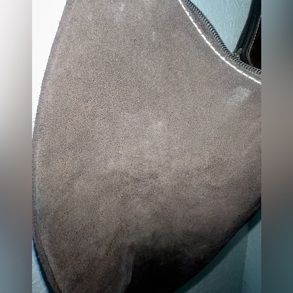 Chocolate Suede Handbag with Brown Faux Leather Handle Strap Purse Old Navy - Picture 7 of 10